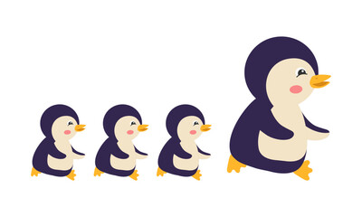 Cute cartoon mother penguins and little penguins. Vector illustration.