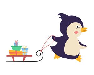 A cute cartoon penguin is carrying gifts on a sleigh. Vector illustration.