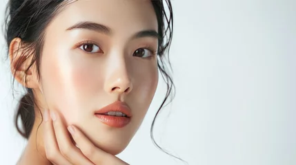 Fotobehang Beautiful young asian woman with clean fresh skin on white background,Facial treatment, Cosmetology. © kiatipol