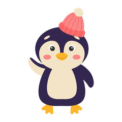 Cute cartoon penguin in a knitted hat. Vector illustration.