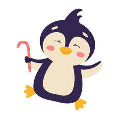 Cute cartoon penguin with Christmas candy. Vector illustration.