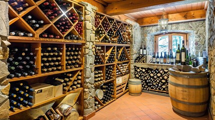 A well-organized wine cellar with labeled shelves showcasing wines from different regions.