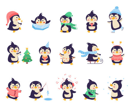 Cute cartoon penguins. Penguin in winter. Happy penguins celebrate the New Year. Vector illustration.
