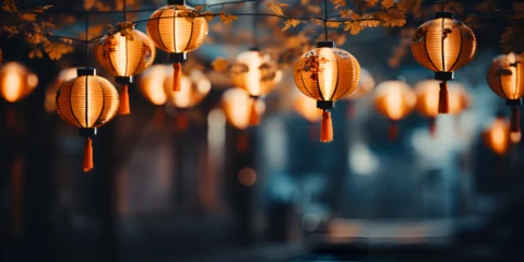 Foto op Aluminium colorful lanterns illuminate the night celebrating traditional festivals Oriental yellow Lamps with Intricate Designs and Diffused Lighting Diwali festival Symbolizing Happiness glowing vibrant color. © abuhurarah