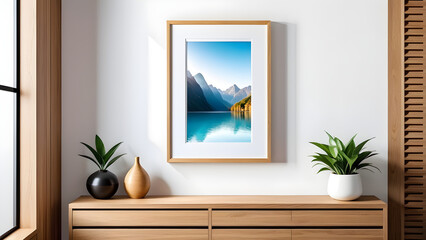 mockup frame on a shelf in the living room interior Scandinavian style. modern living room