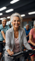 Fototapeta na wymiar smiling mature woman smiling doing sports in the gym, senior people in group exercising, stationary fitness bikes in the gym