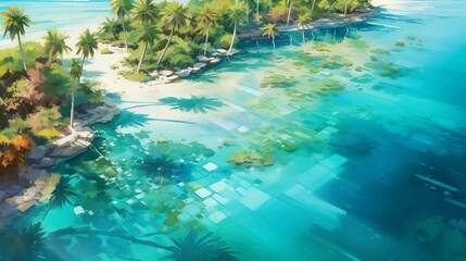 Fototapeta na wymiar Bird's-eye perspectives capturing sunlit turquoise lagoons with overlapping shadows, creating a mesmerizing play of light and color in a tropical paradise