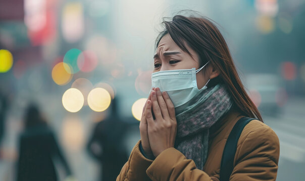 Young asian lady with face mask on the street.PM 2.5