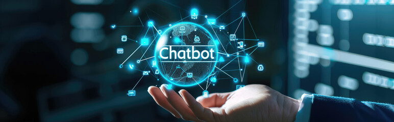 Businessman hand holding virtual earth icons with text "Chatbot" digital chatbot, robot application, conversation assistant, AI Artificial Intelligence concept