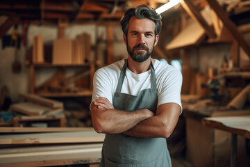 Fototapeta premium Confident Craftsman Poses with Folded Arms in Workshop