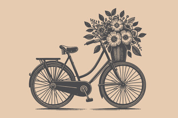 Retro bicycle with a basket of flowers. Vintage engraving vector illustration. Woodcut. Black and white. Logo, emblem, icon. Isolated object