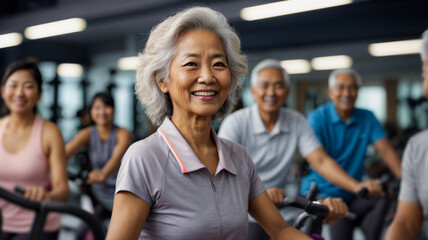 Elderly woman smiling taking indoor cycling class at fitness center, doing cardio riding bike, space for text