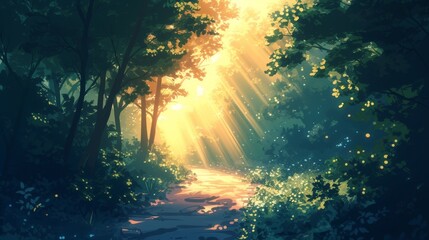 Obraz premium Beautiful anime-style illustration of a lush forest path in summer