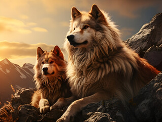 Couples wolves sit on a mountaintop in the mountains