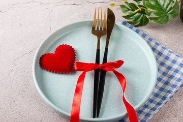 Valentine's Day, festive table setting with hearts. February 14th greeting card
