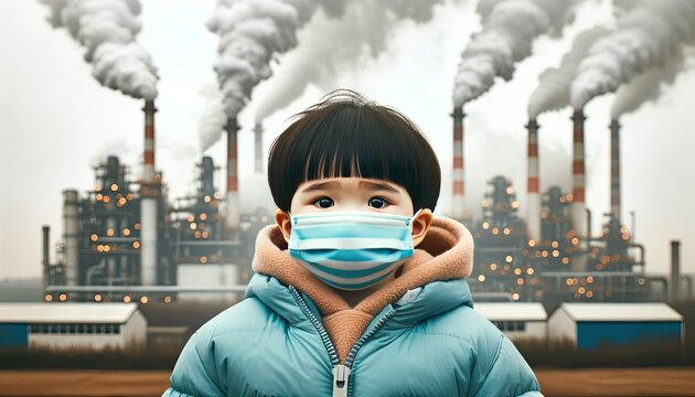 Child in Pollution Mask Against Industrial Smoke Background
