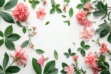 Gordijnen A captivating arrangement of delicate pink flowers encircled by a lush frame of green leaves © Veniamin Kraskov