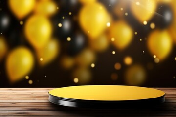 Stylish podium with yellow and black balloons. Mock up for product, cosmetic presentation. Platform for beauty products. Empty scene. Stage, display, showcase. Podium with copy space.