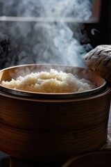A wooden bowl filled with rice sitting on top of a table. Suitable for food and dining concepts