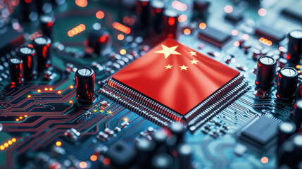 China flag print screen on Microchip processor on electronic board for important component in computer smartphone, China is the largest main manufacturing in the world of global supply chain concept. - Powered by Adobe