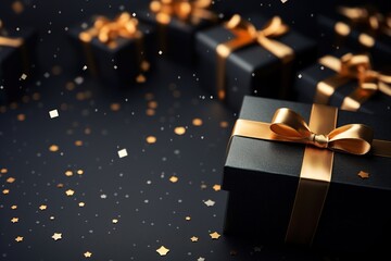 Black gift boxes with golden ribbons on a dark table with confetti, ideal for luxury gift promotions, holiday sales, or exclusive offer advertisements. Copy space.