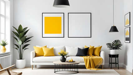 poster frame mockup in Scandinavian style living room interior with yellow on empty white wall