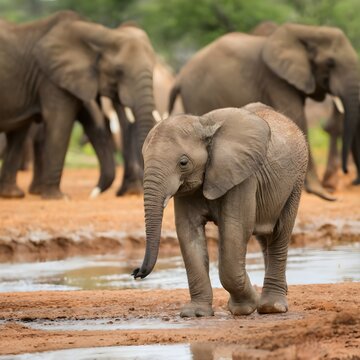 An adorable baby elephant playing in a waterhole, surrounded by a herd..Free ai genareted image..