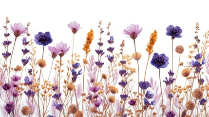 A variety of wildflowers are scattered on a white background. Flower composition. pressed dried flowers of wild plants. - obrazy, fototapety, plakaty