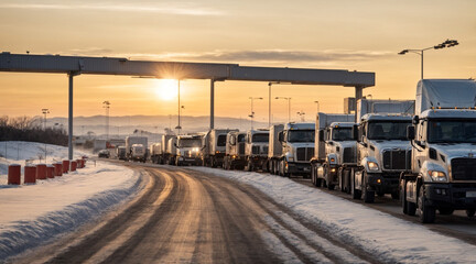 Fototapeta na wymiar Avto trucks at the border crossing point, winter time, copy space