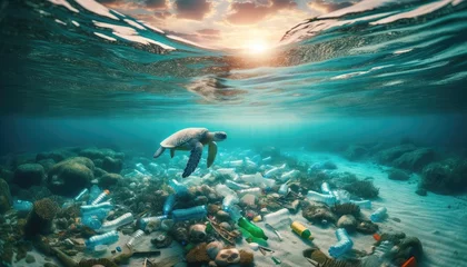Fototapeten Sea Turtle Amongst Ocean Plastic Pollution at Sunset © savantermedia