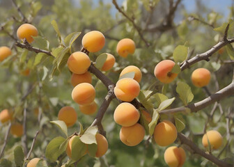Ripe juicy apricots in the garden on a green background with leaves