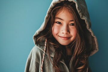 Jeune fille asiatique, souriante portant une capuche, qui regarde la camera 