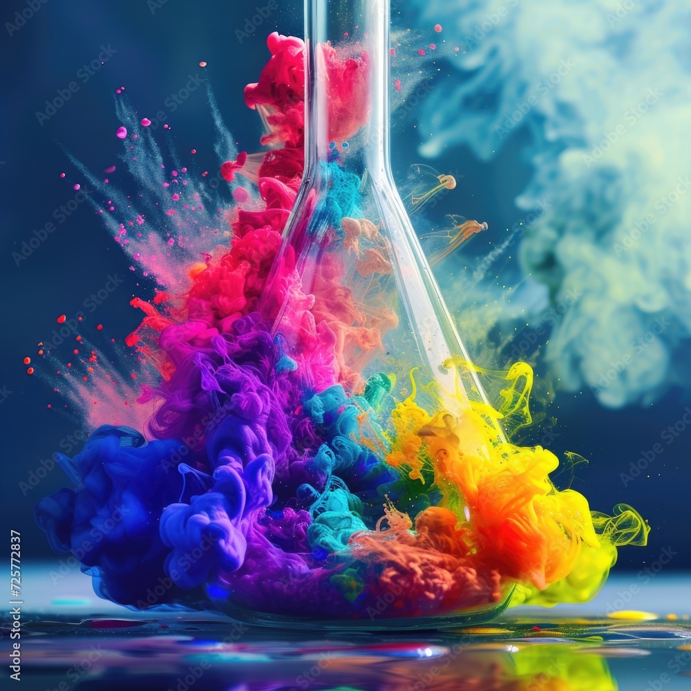 Poster A flask filled with colored liquid sits on top of a table. Versatile image suitable for various applications