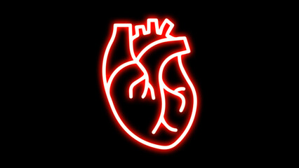 Medical cardiology pictogram. Heart Neon Label. Vector Illustration of Medical Human Health Objects. Medical structure of the neon human heart.