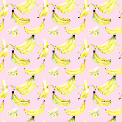Seamless pattern with bananas and pink background, hand painted watercolor, summer tropical fruit, summer party, ripe banana, bananas bunch, 300 dpi 
