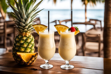 Fresh and cool strained pineapple juice on a wooden table. outdoor coastal hotel background.