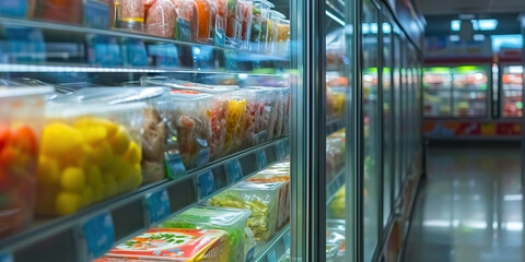 Frozen Foods: A Freezer Aisle Stocked with Frozen Meals, Vegetables, and Desserts, Providing...
