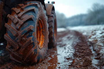 Close-Up Glimpse: Mud-Caked Tractor Tire