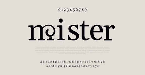 Mister Elegant alphabet letters font and number. Classic Lettering Minimal Fashion Designs. Typography fonts regular uppercase and lowercase. vector illustration - obrazy, fototapety, plakaty