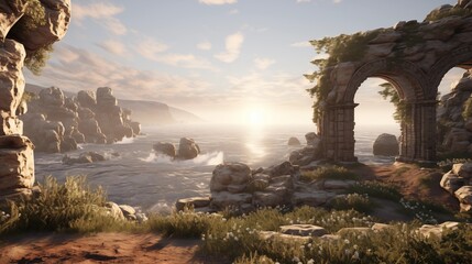 Capture the sunlit beauty of coastal cliffs featuring natural stone arches, sculpted by the...