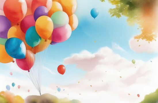 Watercolor bunch of multicolored balloons with helium flying in blue sky and summer park. Illustration background for birthday, anniversary, wedding party or event
