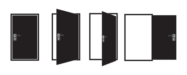 Door icons collection. Open, close and ajar door. office doors, Doors collection. Opened entrance door set flat style.