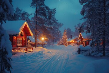 A picturesque snowy street with a beautiful Christmas tree in the middle. Perfect for holiday-themed designs and winter celebrations
