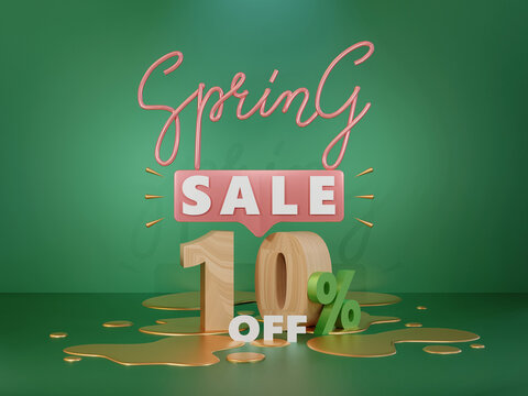 spring sale discount 10 percent off realistic 3d number for promotion, poster, banner ads. Modern and luxury decoration concept on green background