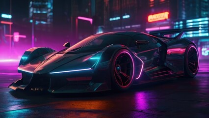 Neon Trailblazer: Fast Futuristic Supercar in Cyberpunk Landscape