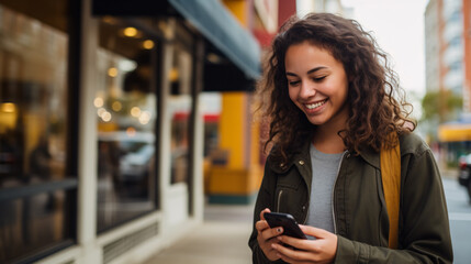 Fototapeta na wymiar Аmerican woman smiling confident using smartphone at street