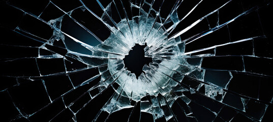 bullet hole in broken glass on black background - obrazy, fototapety, plakaty