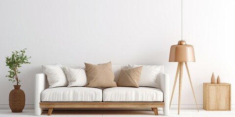 Neutral colored furniture and lighting against a white wall