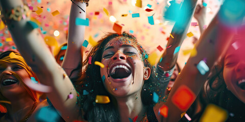 Obraz premium Celebration and Joy: A Group of People Laughing and Smiling, Expressing Happiness and Excitement in a Festive Atmosphere