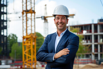 Smiling Contractor Amidst Building Progress